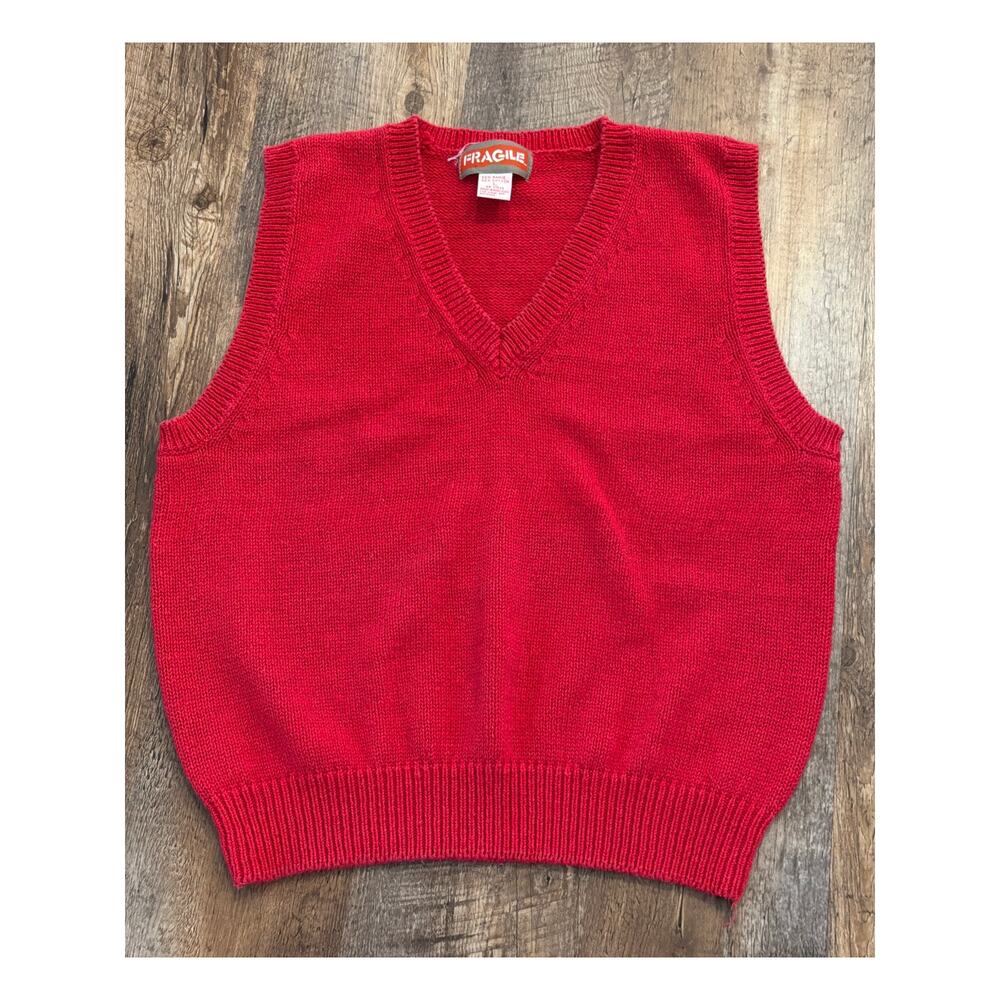 Fragile Red V-Neck Sweater Vest Large Vintage cotton blend